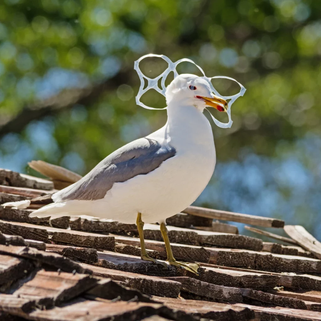 Mouette avec la tête emmêlé dans du plastique