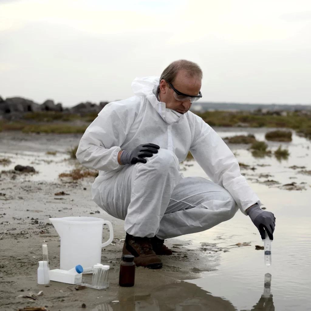 Un homme réalisant des tests d'une étendue d'eau