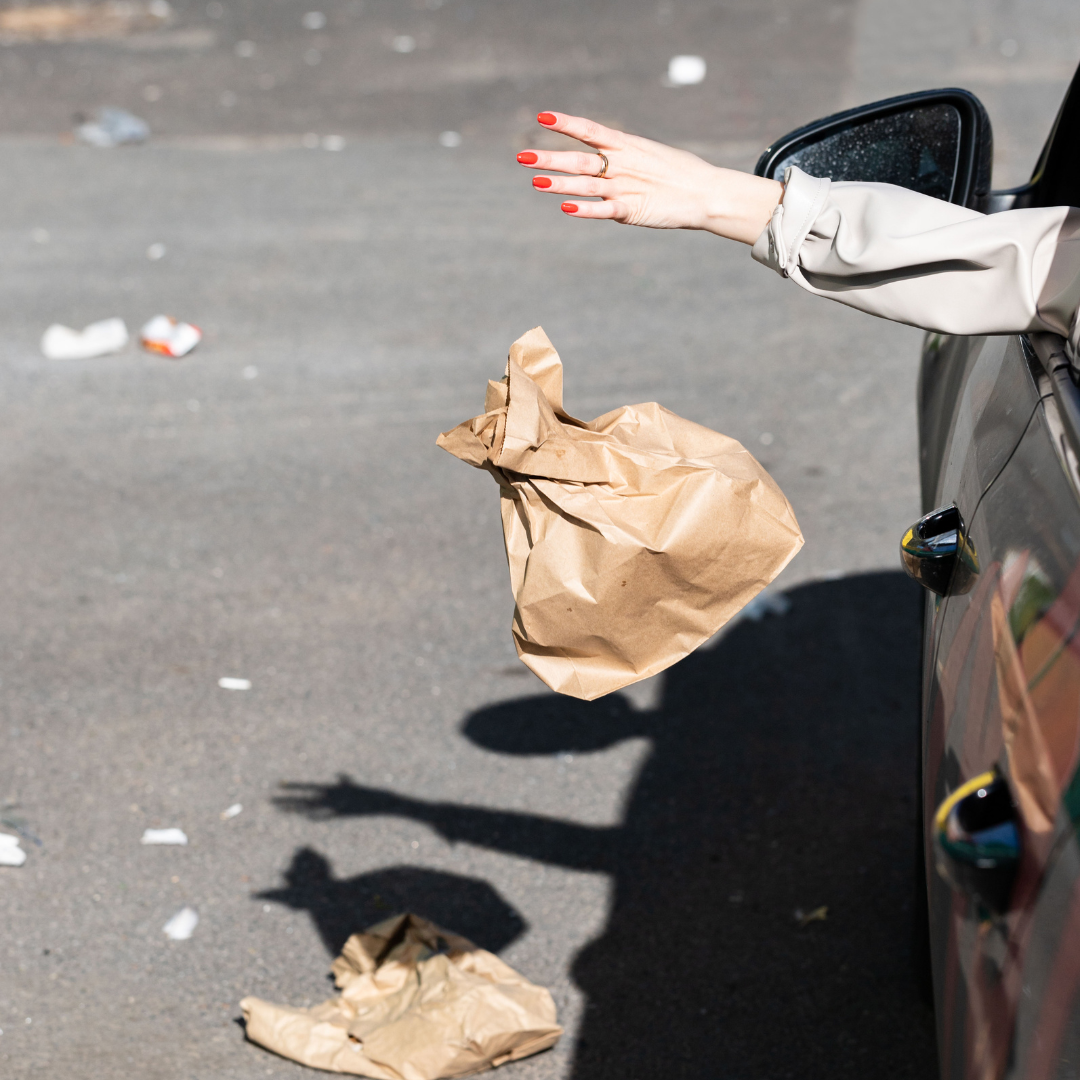 Une personne qui jette des déchets depuis la fenêtre de sa voiture